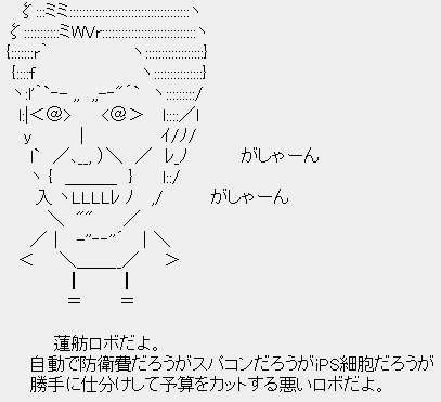 蓮舫ロボだよ。自動で防衛費だろうがスパコンだろうがiPS細胞だろうが、勝手に仕分けして予算をカットする悪いロボだよ。 蓮舫ロボだよ。自動で防衛費だろうがスパコンだろうがiPS細胞だろうが、勝手に仕分けして予算をカットする悪いロボだよ。